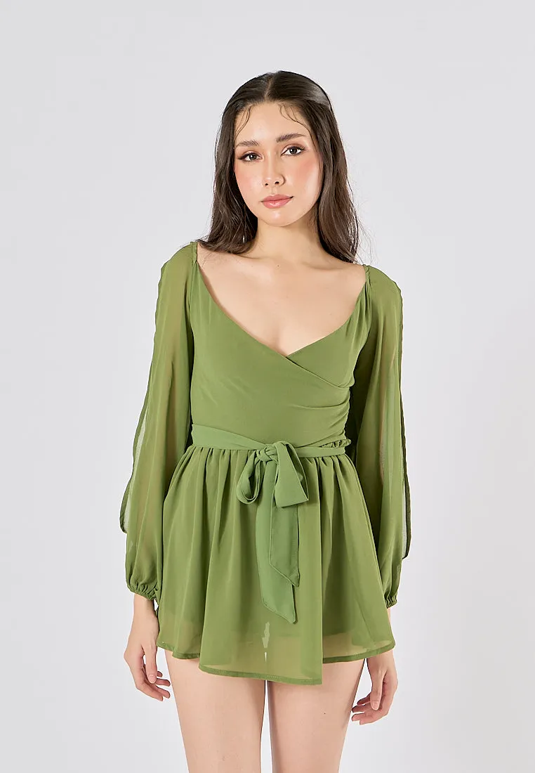 Torry Green Chiffon Hollow Balloon Sleeve Mini Dress
