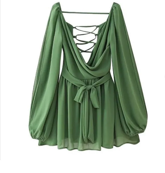 Torry Green Chiffon Hollow Balloon Sleeve Mini Dress