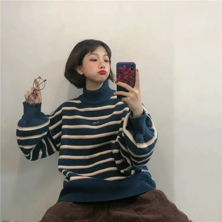 Turtleneck Striped Loose Sweater