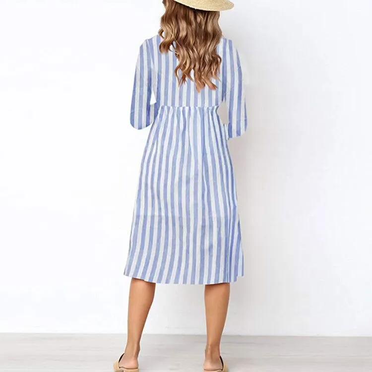 V-neck Long Sleeve Striped Pocket Dress