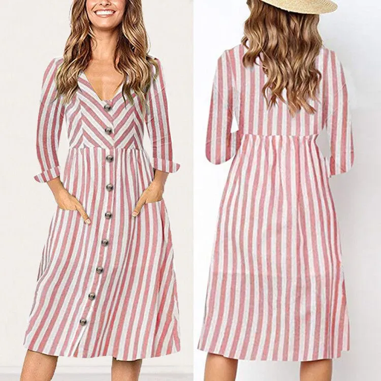 V-neck Long Sleeve Striped Pocket Dress