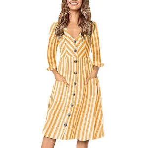 V-neck Long Sleeve Striped Pocket Dress