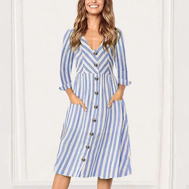V-neck Long Sleeve Striped Pocket Dress