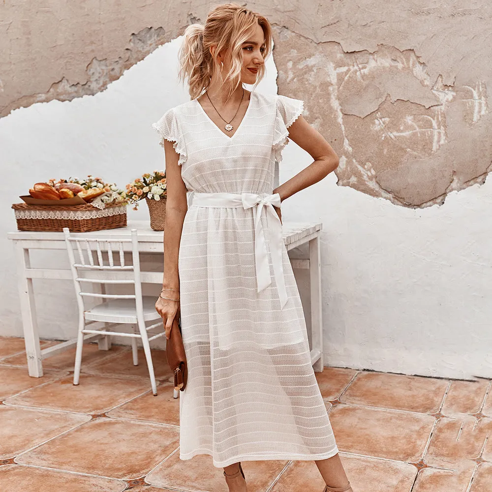 V-Neck Ruffles Sleeve Tie Waist Midi Dresses