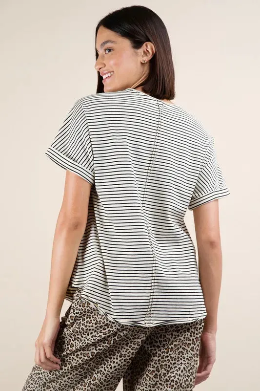 VERY J Striped V-Neck Short Sleeve T-Shirt