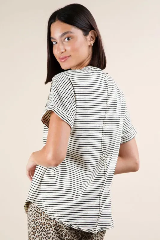 VERY J Striped V-Neck Short Sleeve T-Shirt