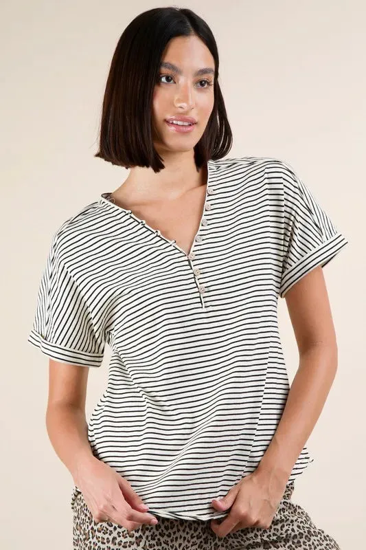 VERY J Striped V-Neck Short Sleeve T-Shirt