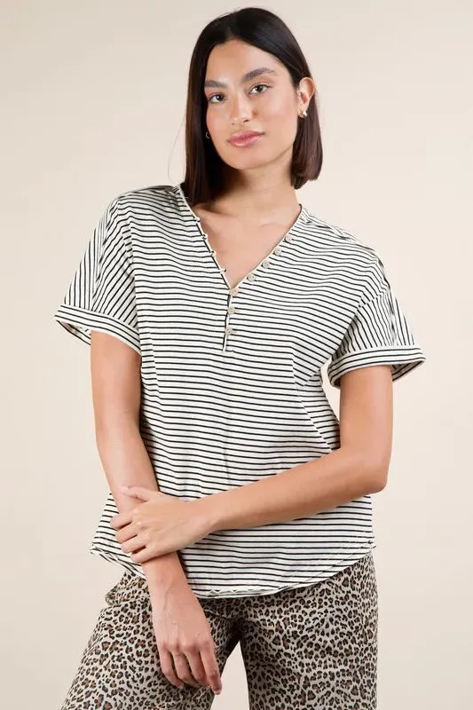 VERY J Striped V-Neck Short Sleeve T-Shirt