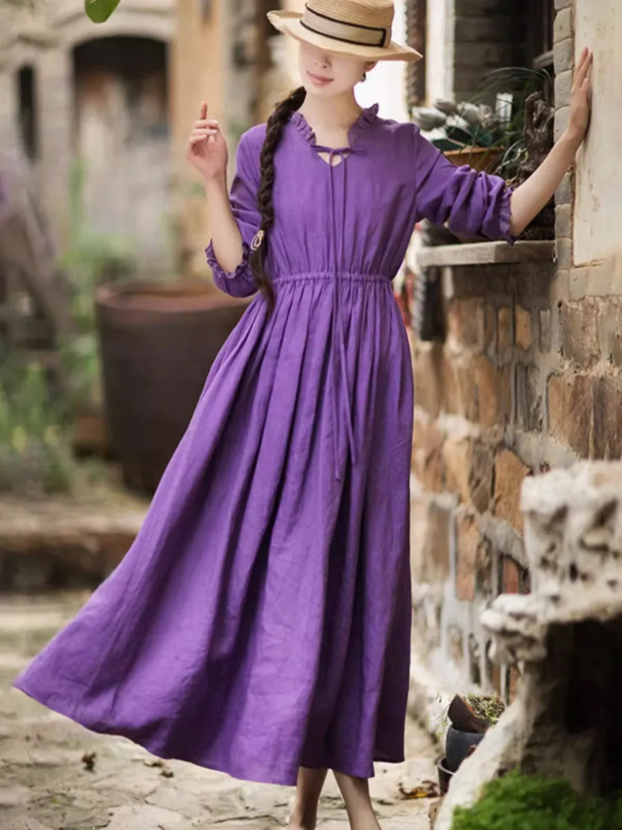 Women Artsy Linen Pure Color Lace Collar Dress