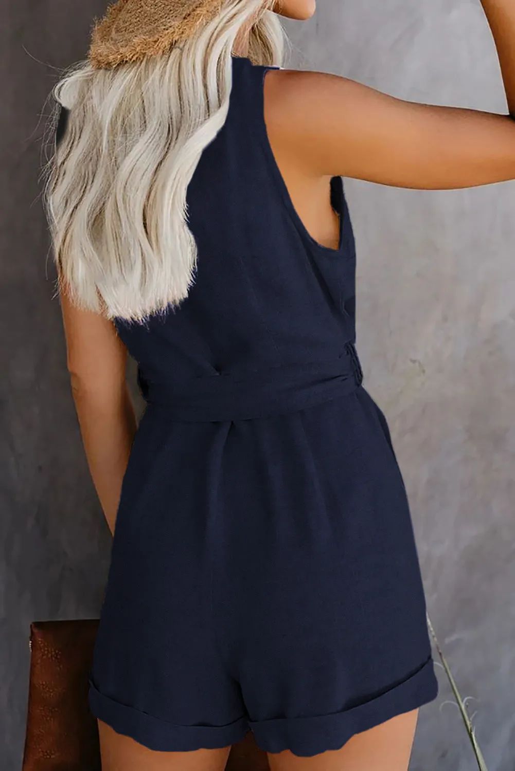 Women Playsuit Summer V Neck Sleeveless Button Belt Bow Casual Jumpsuit Solid Romper Elegant Tunic Short Overalls