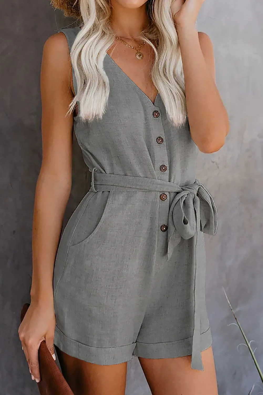 Women Playsuit Summer V Neck Sleeveless Button Belt Bow Casual Jumpsuit Solid Romper Elegant Tunic Short Overalls