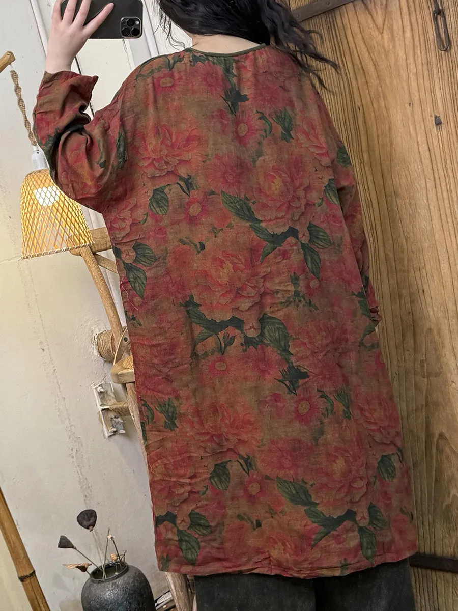 Women Spring Artsy Floral V-Neck Cotton Dress