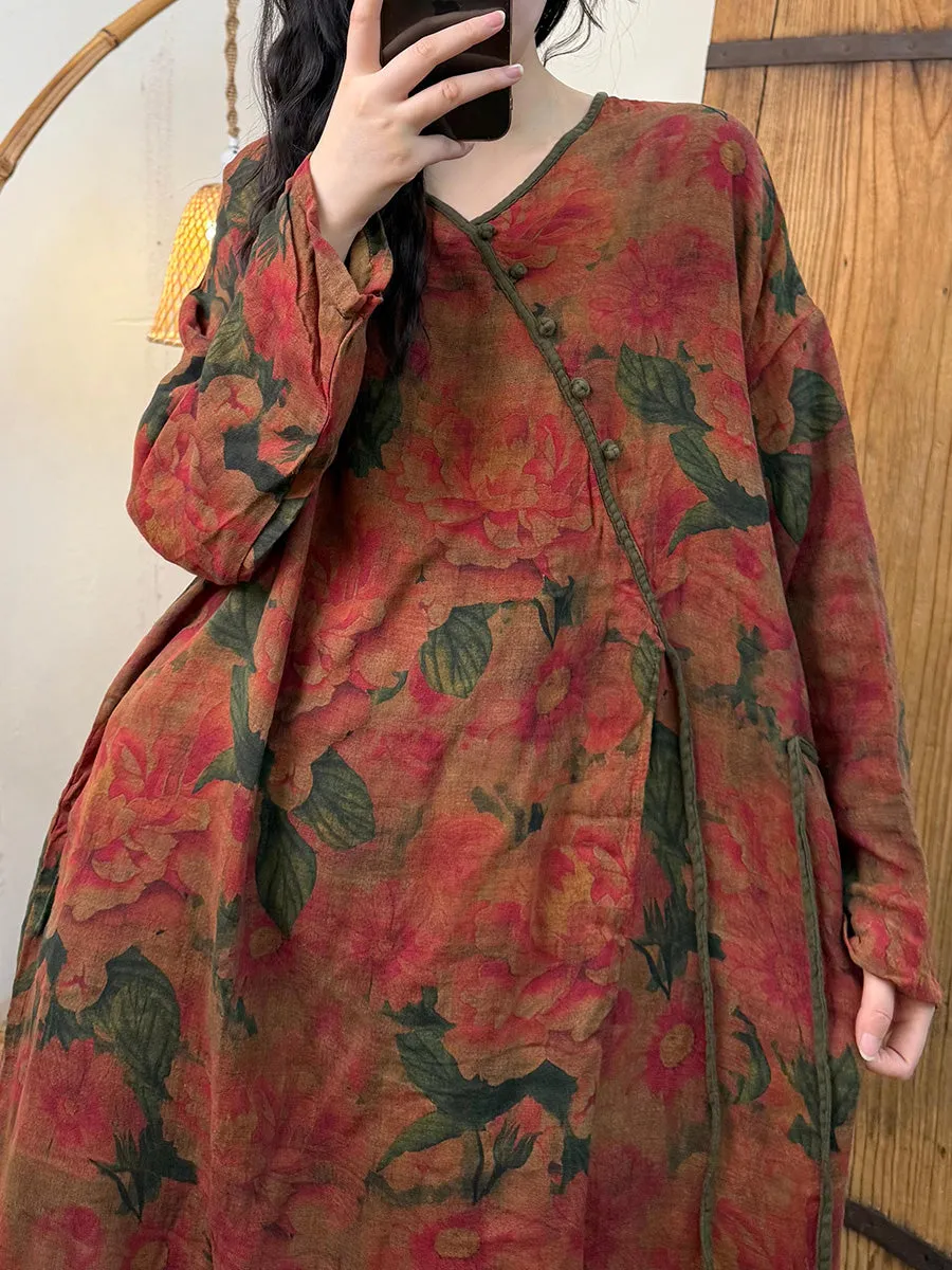Women Spring Artsy Floral V-Neck Cotton Dress