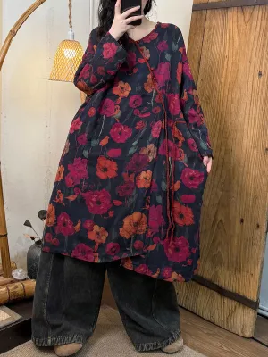Women Spring Artsy Floral V-Neck Cotton Dress