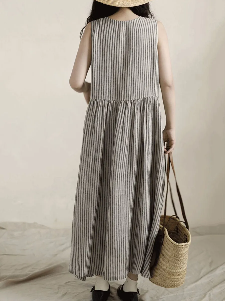 Women Spring Artsy Stripe 100%Linen Vest Maxi Dress