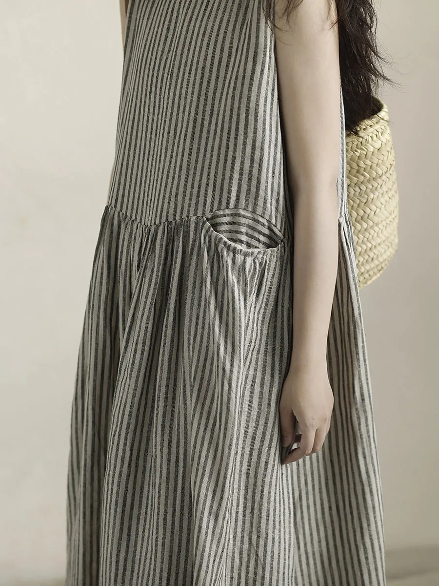Women Spring Artsy Stripe 100%Linen Vest Maxi Dress