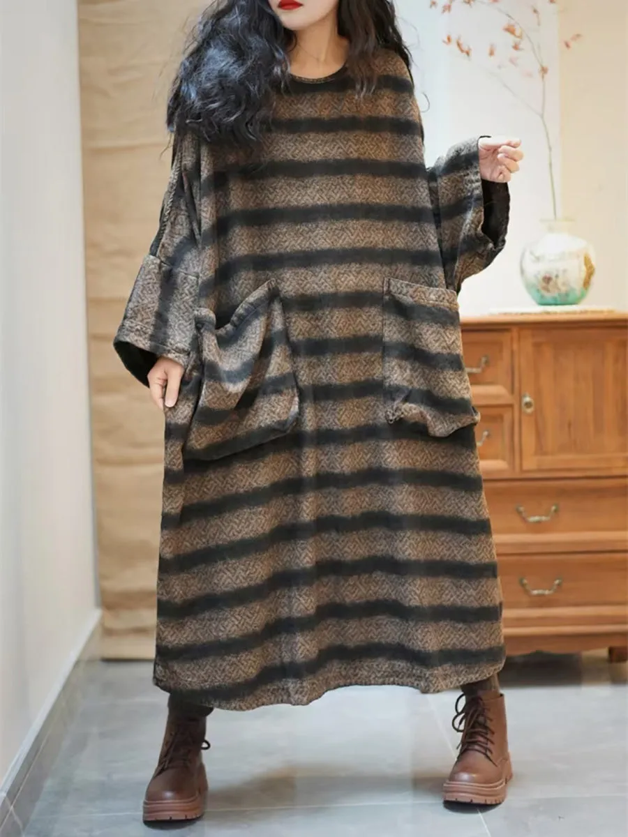 Women Spring Vintage Stripe Pocket O-Neck Loose Dress