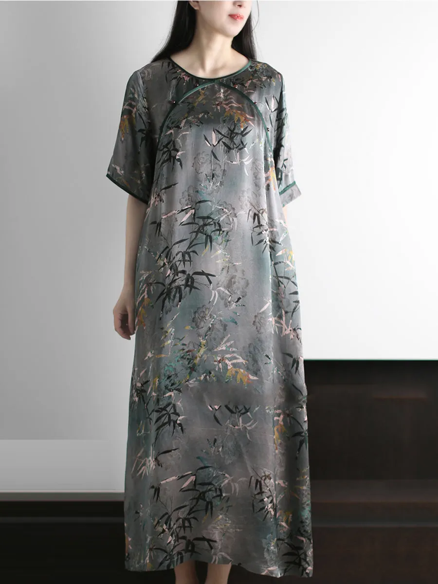 Women Summer Artsy Bamboo O-Neck Silk Loose Dress