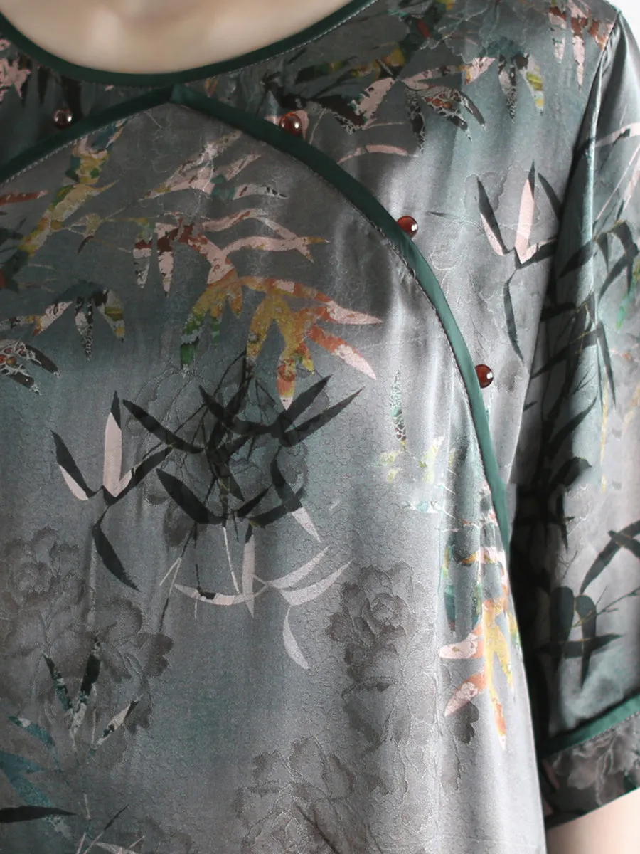 Women Summer Artsy Bamboo O-Neck Silk Loose Dress
