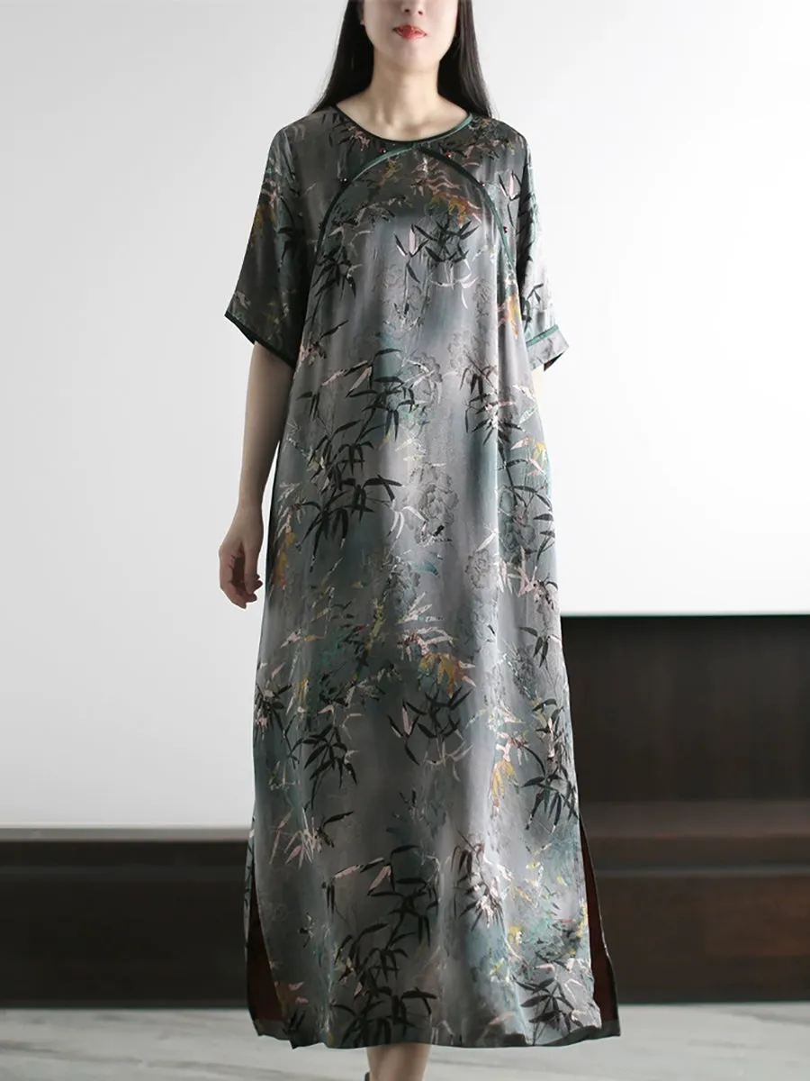 Women Summer Artsy Bamboo O-Neck Silk Loose Dress