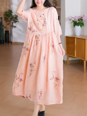 Women Summer Flower Embroidery O-Neck 100%Ramie Dress