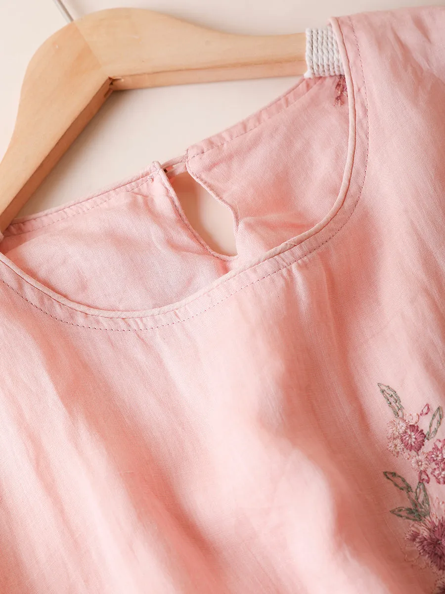 Women Summer Flower Embroidery O-Neck 100%Ramie Dress