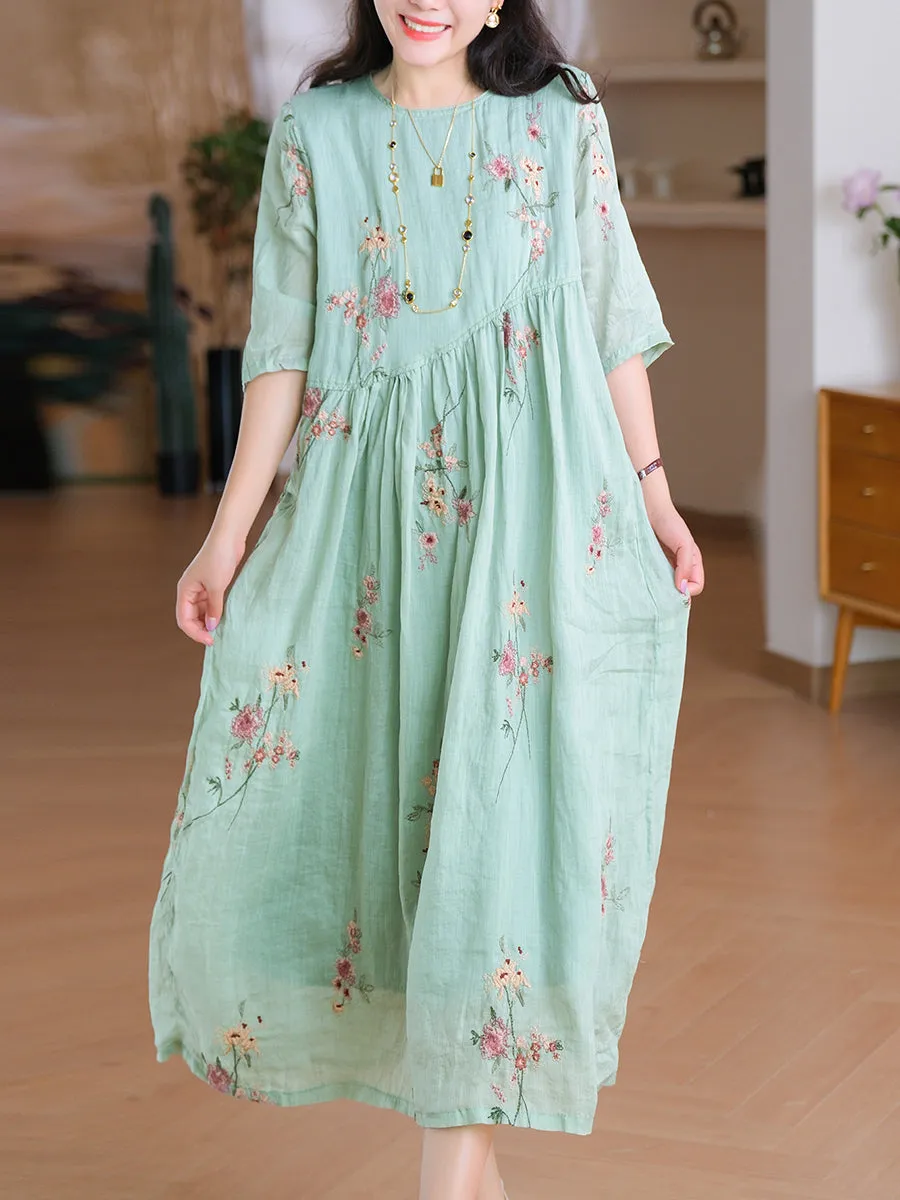 Women Summer Flower Embroidery O-Neck 100%Ramie Dress