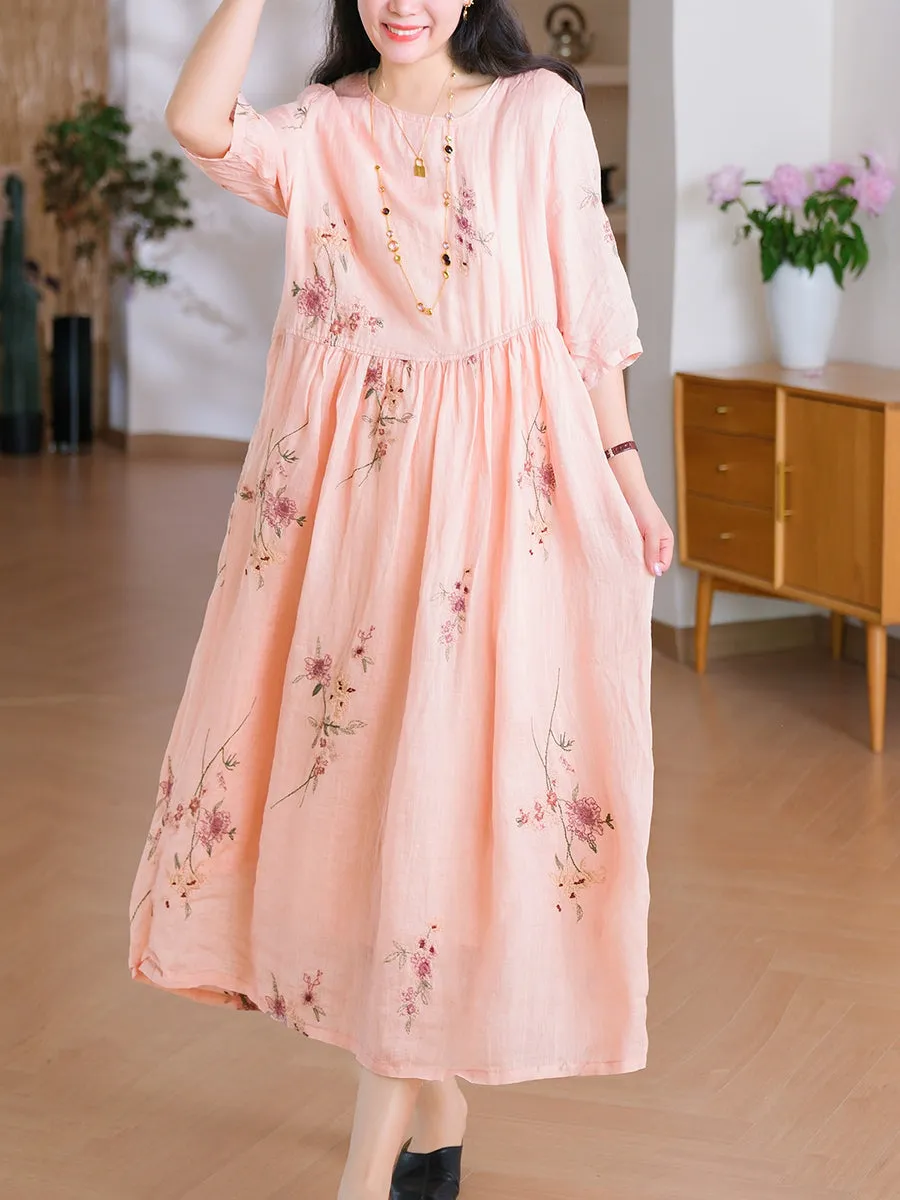 Women Summer Flower Embroidery O-Neck 100%Ramie Dress