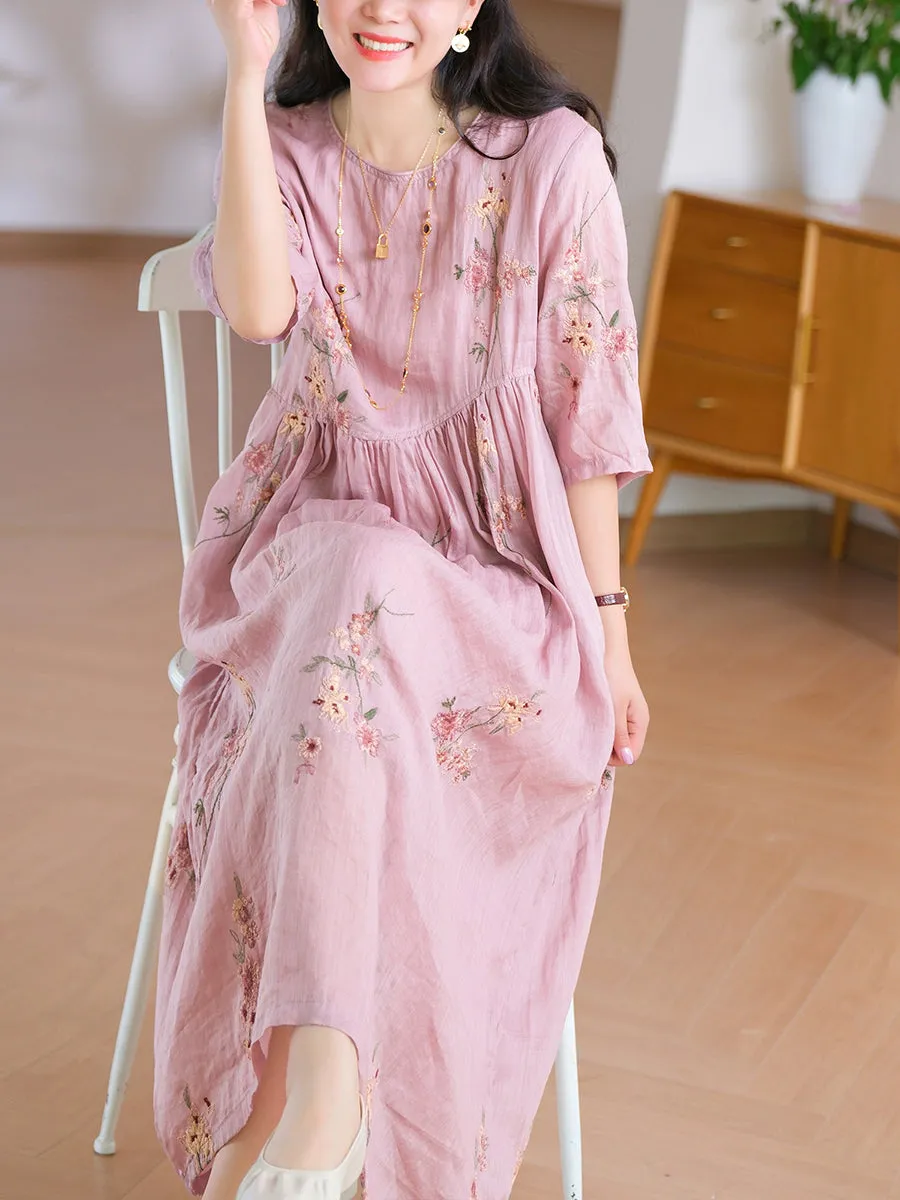 Women Summer Flower Embroidery O-Neck 100%Ramie Dress