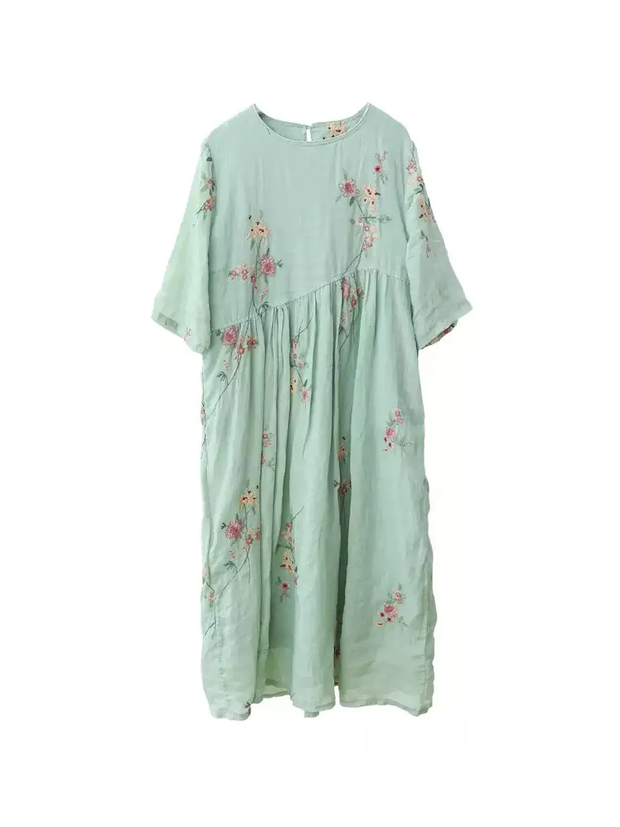 Women Summer Flower Embroidery O-Neck 100%Ramie Dress