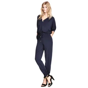 womens blue rompers jumpsuit with pockets short-sleeved V-neck elastic waist Drawstring style overalls