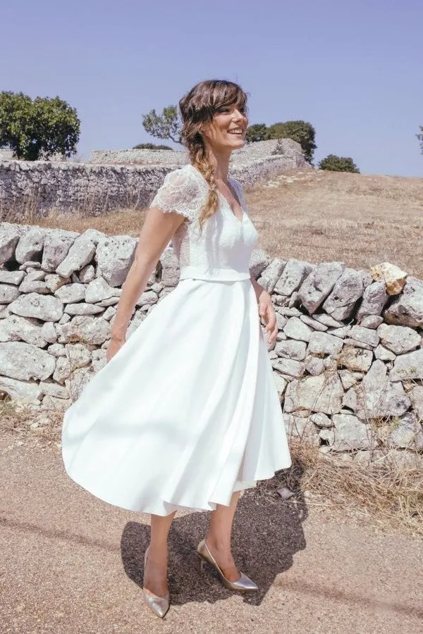 Women's Casual Tea-Length Wedding Dress with Sleeves