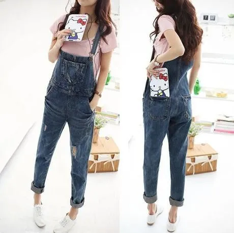 Women's Loose Denim Overalls Korean Style Cowboy Straps Trousers Harem Pants Holes Denim Overalls