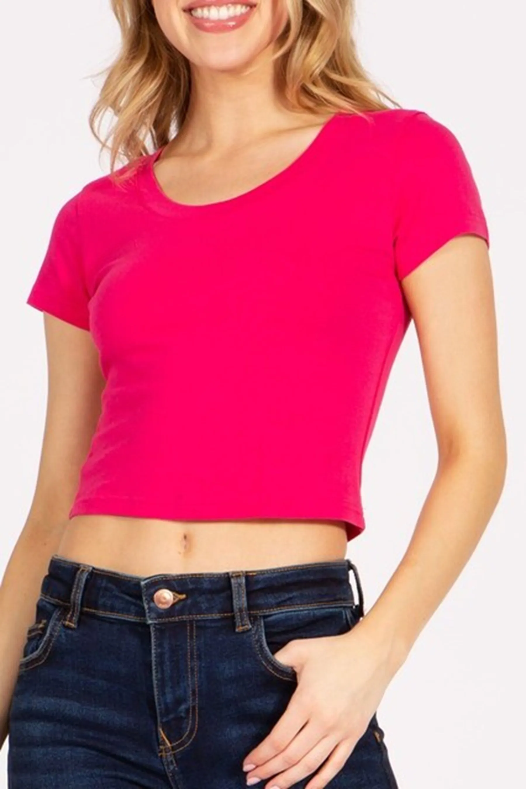 Women's Solid Stretch Cropped Tee – Round Neck Short Sleeve Style ZB313CRC76 $4.50Each
