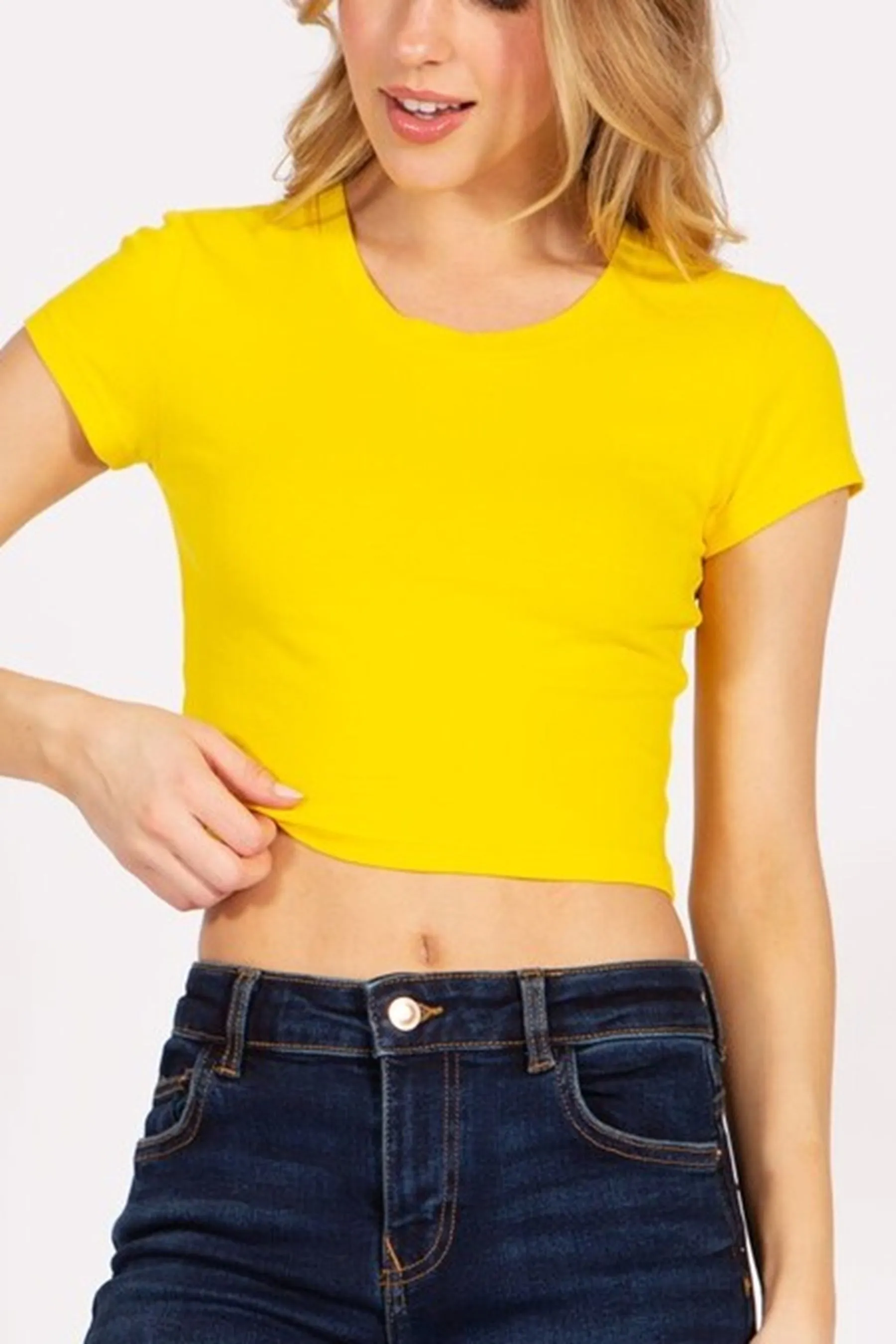 Women's Solid Stretch Cropped Tee – Round Neck Short Sleeve Style ZB313CRC76 $4.50Each