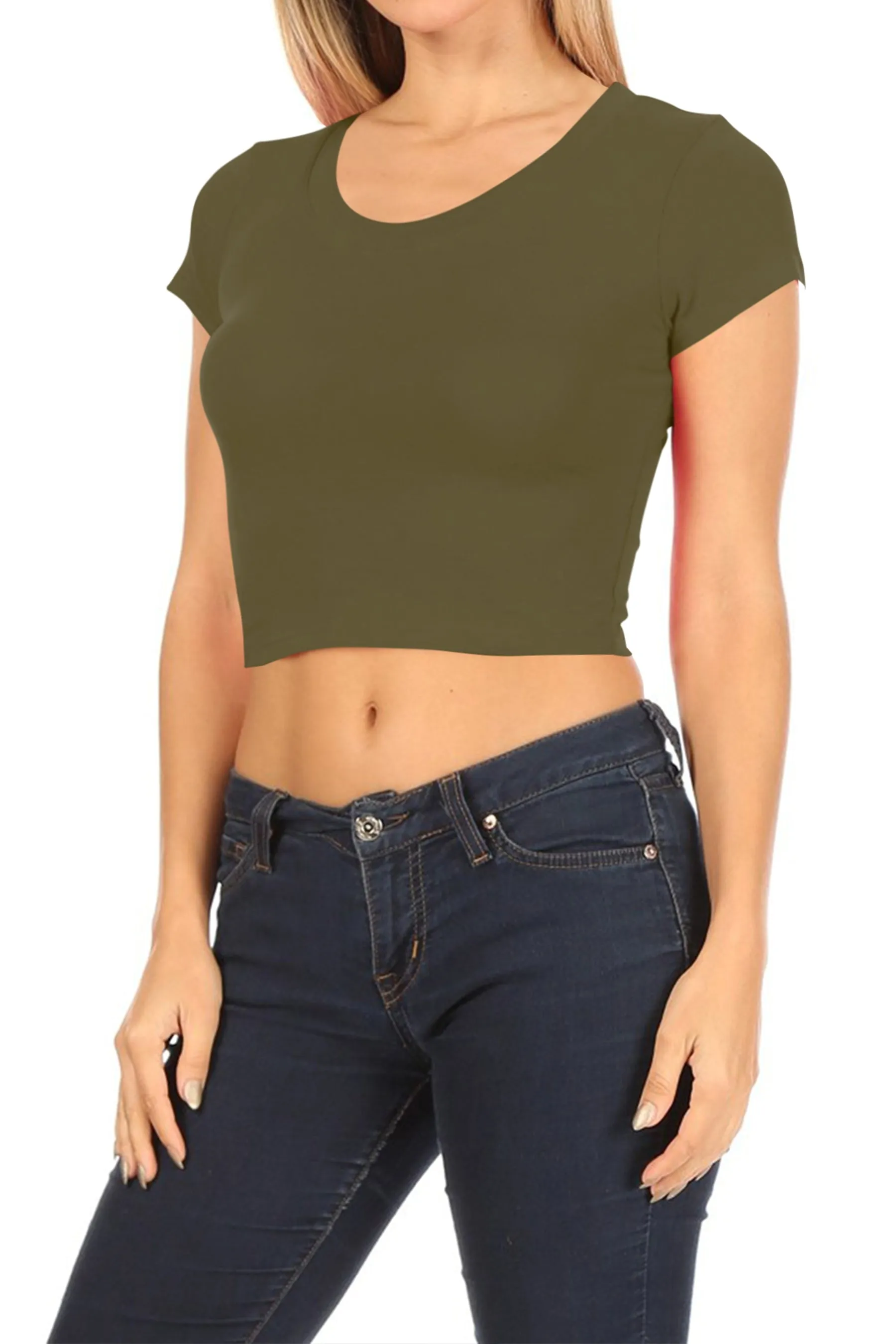 Women's Solid Stretch Cropped Tee – Round Neck Short Sleeve Style ZB313CRC76 $4.50Each