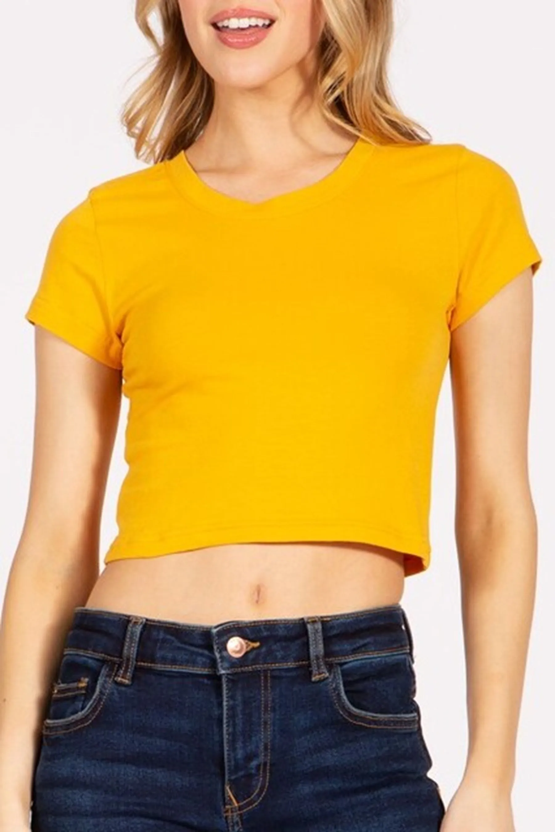 Women's Solid Stretch Cropped Tee – Round Neck Short Sleeve Style ZB313CRC76 $4.50Each