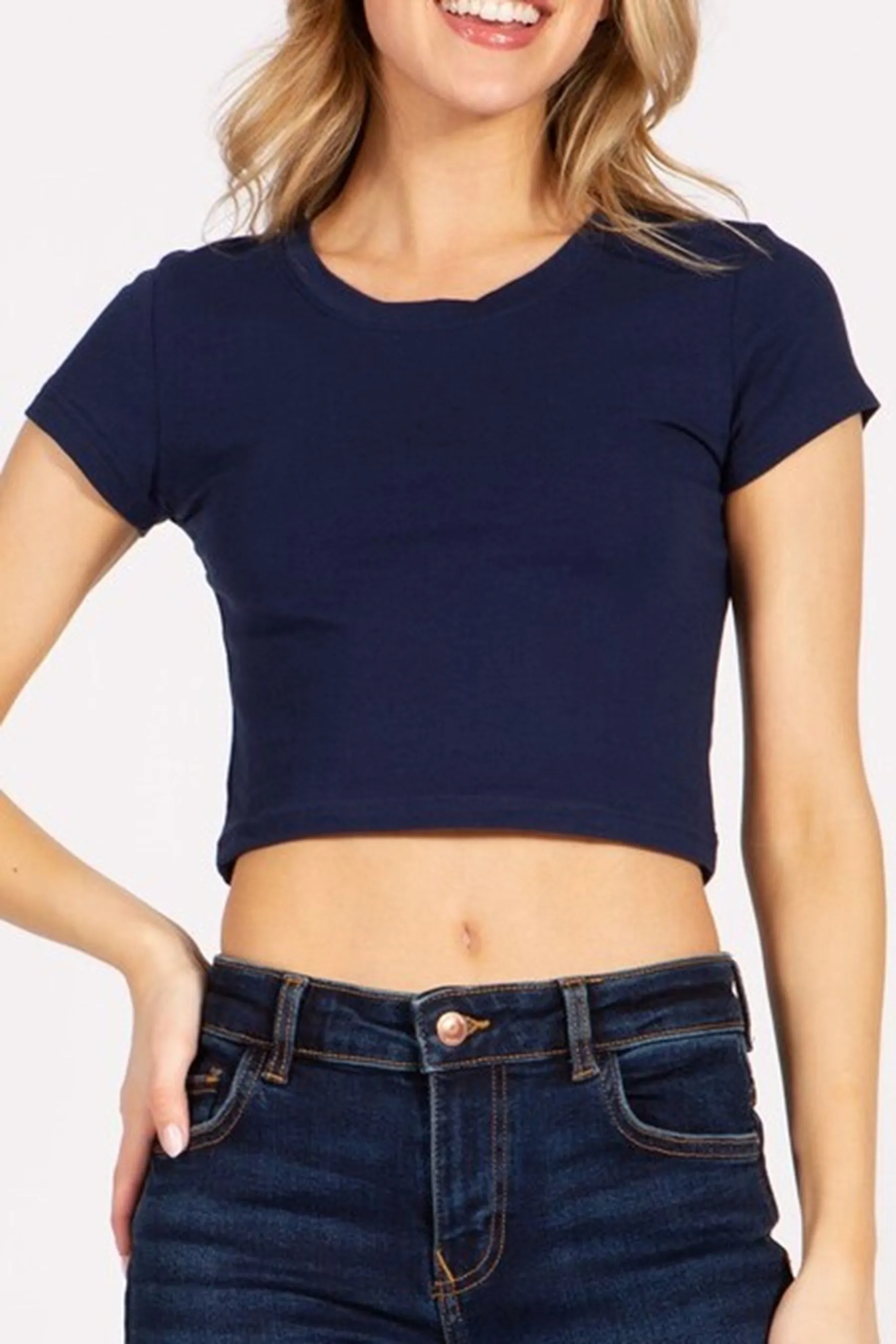 Women's Solid Stretch Cropped Tee – Round Neck Short Sleeve Style ZB313CRC76 $4.50Each