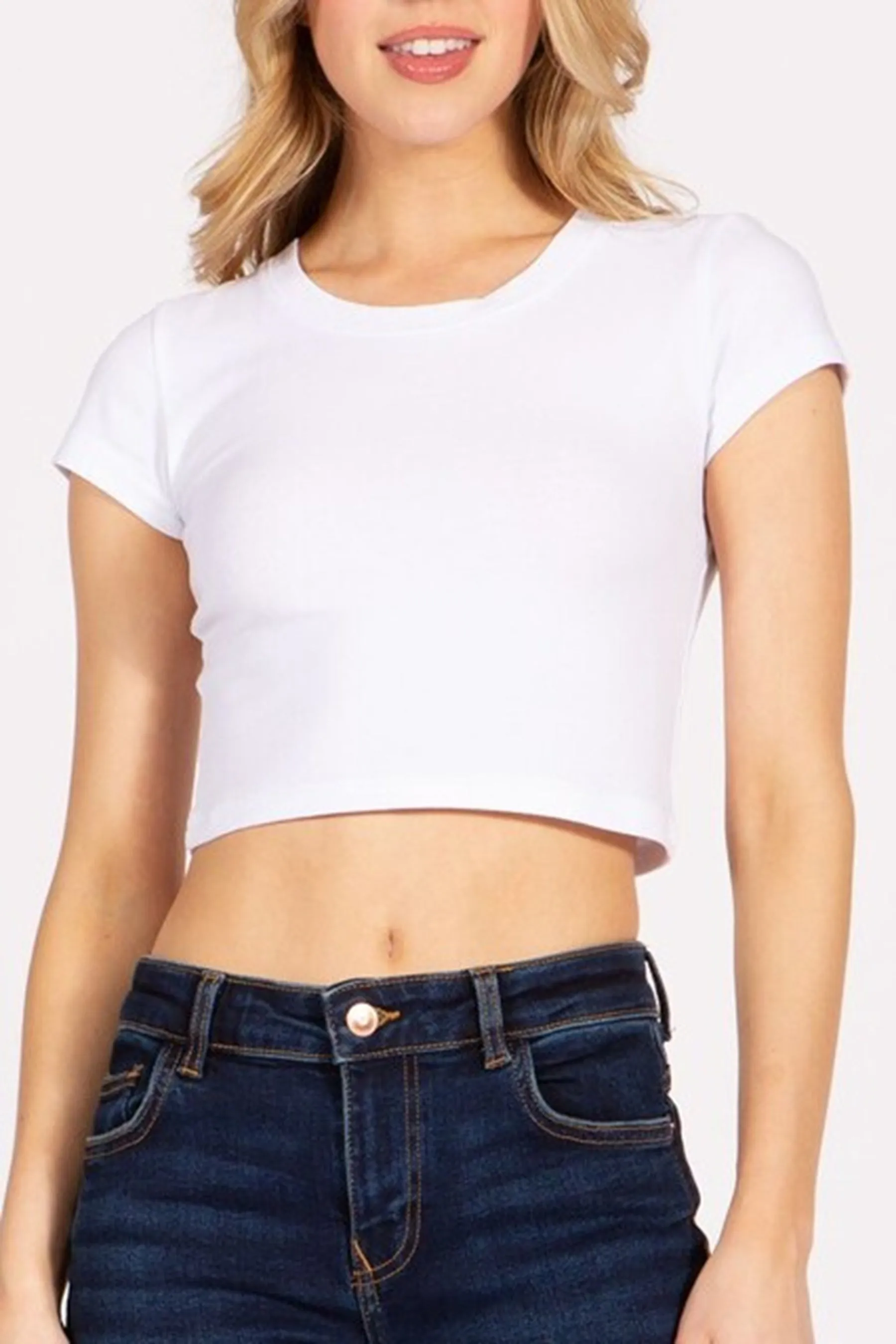 Women's Solid Stretch Cropped Tee – Round Neck Short Sleeve Style ZB313CRC76 $4.50Each