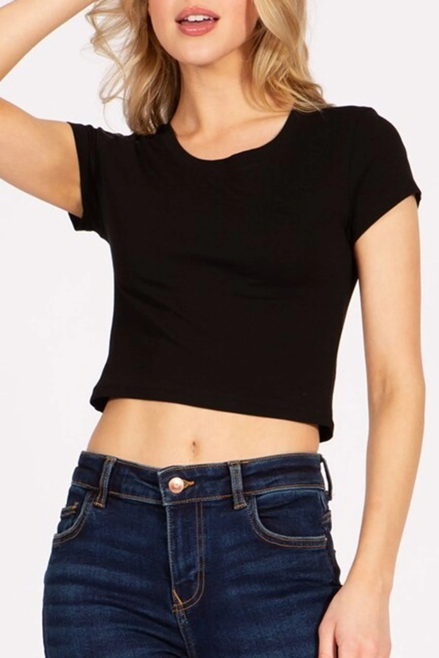Women's Solid Stretch Cropped Tee – Round Neck Short Sleeve Style ZB313CRC76 $4.50Each