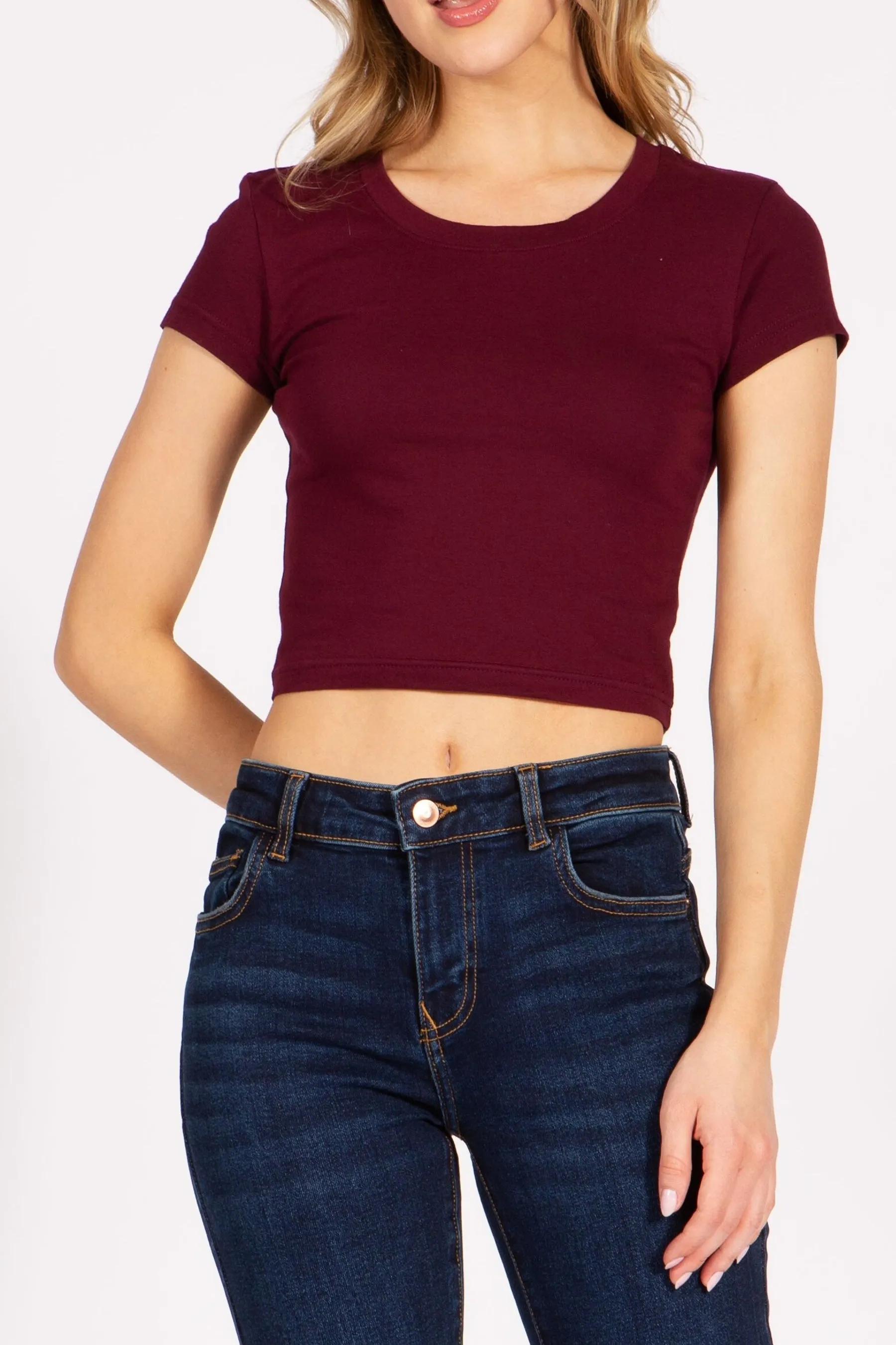 Women's Solid Stretch Cropped Tee – Round Neck Short Sleeve Style ZB313CRC76 $4.50Each