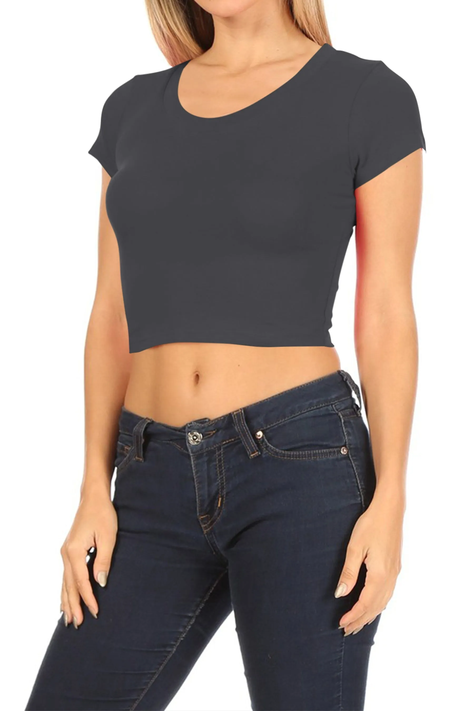 Women's Solid Stretch Cropped Tee – Round Neck Short Sleeve Style ZB313CRC76 $4.50Each