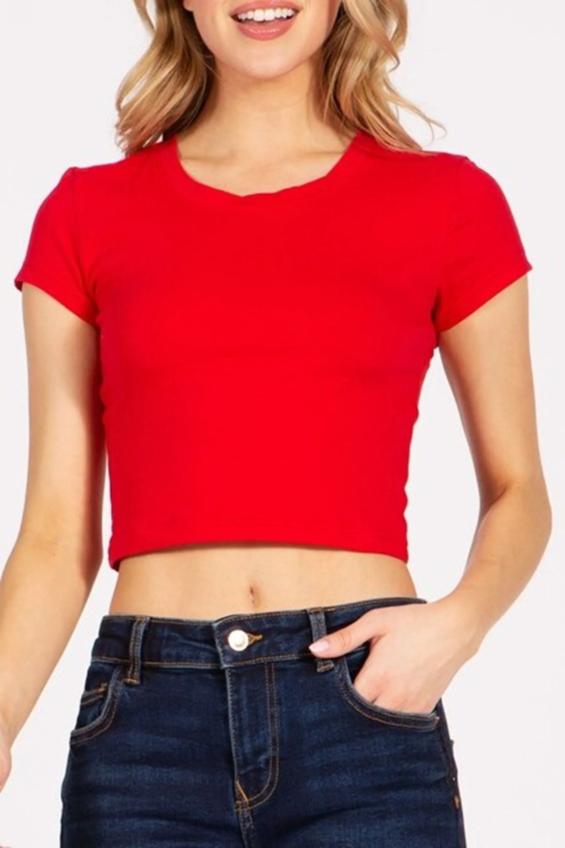 Women's Solid Stretch Cropped Tee – Round Neck Short Sleeve Style ZB313CRC76 $4.50Each