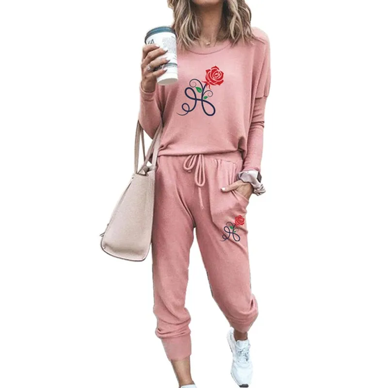 WOMEN'S TRACKSUIT ROSE PRINTED FEMALE SHRINK SLEEVES PULLOVER   JOGGING PANTS 2 PIECE SETS WOMAN CASUAL CLOTHES SUIT SPORTSWEAR