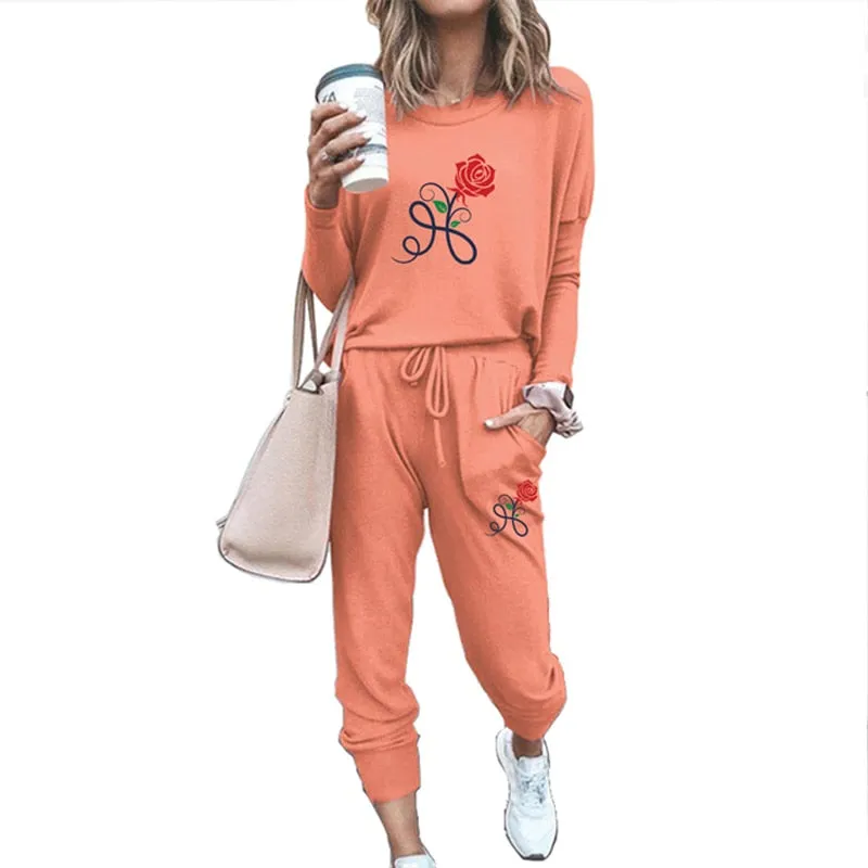 WOMEN'S TRACKSUIT ROSE PRINTED FEMALE SHRINK SLEEVES PULLOVER   JOGGING PANTS 2 PIECE SETS WOMAN CASUAL CLOTHES SUIT SPORTSWEAR