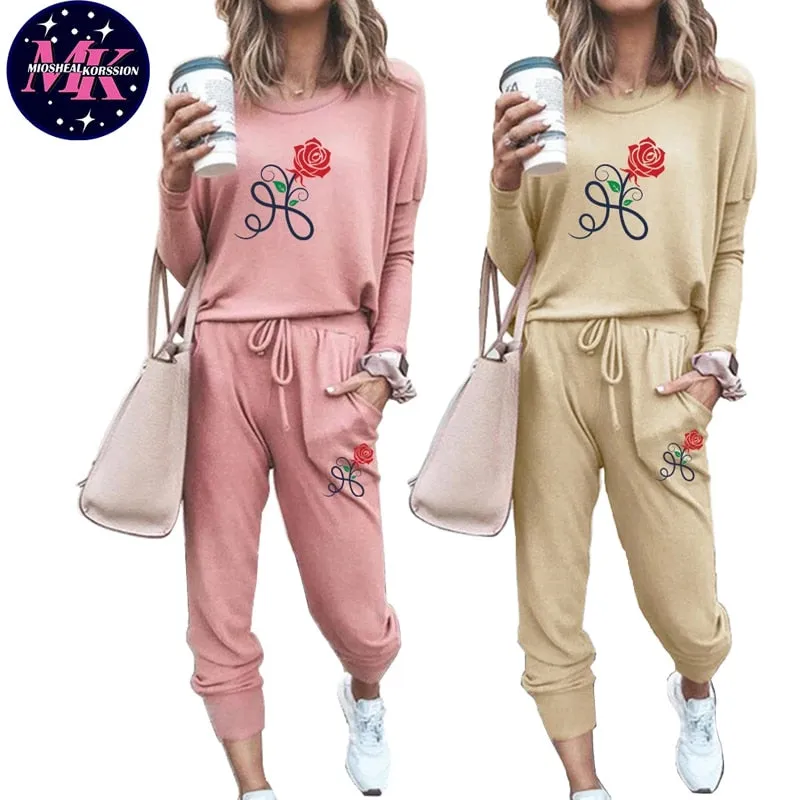 WOMEN'S TRACKSUIT ROSE PRINTED FEMALE SHRINK SLEEVES PULLOVER   JOGGING PANTS 2 PIECE SETS WOMAN CASUAL CLOTHES SUIT SPORTSWEAR