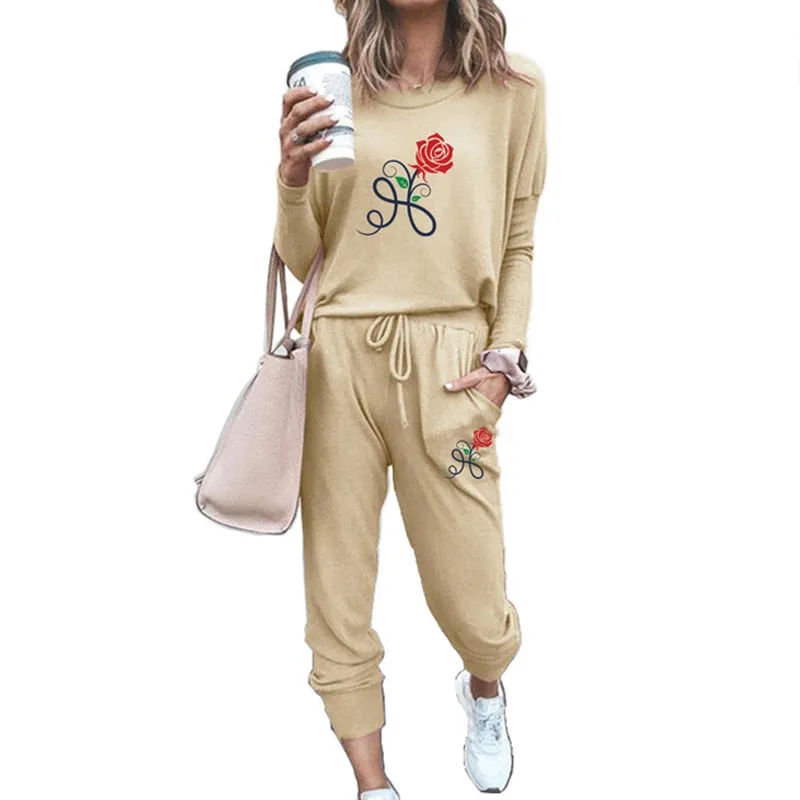 WOMEN'S TRACKSUIT ROSE PRINTED FEMALE SHRINK SLEEVES PULLOVER   JOGGING PANTS 2 PIECE SETS WOMAN CASUAL CLOTHES SUIT SPORTSWEAR