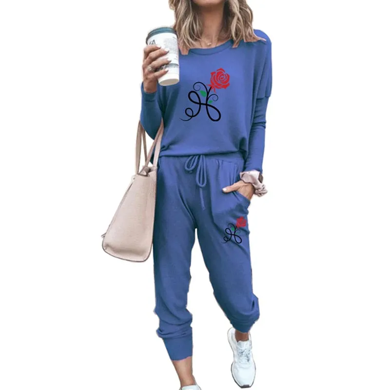 WOMEN'S TRACKSUIT ROSE PRINTED FEMALE SHRINK SLEEVES PULLOVER   JOGGING PANTS 2 PIECE SETS WOMAN CASUAL CLOTHES SUIT SPORTSWEAR