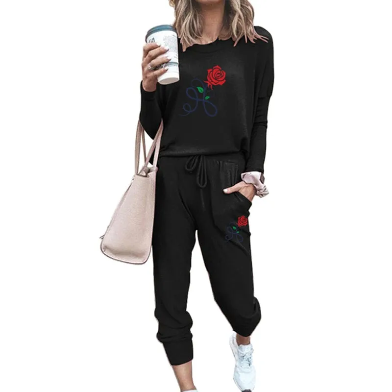 WOMEN'S TRACKSUIT ROSE PRINTED FEMALE SHRINK SLEEVES PULLOVER   JOGGING PANTS 2 PIECE SETS WOMAN CASUAL CLOTHES SUIT SPORTSWEAR