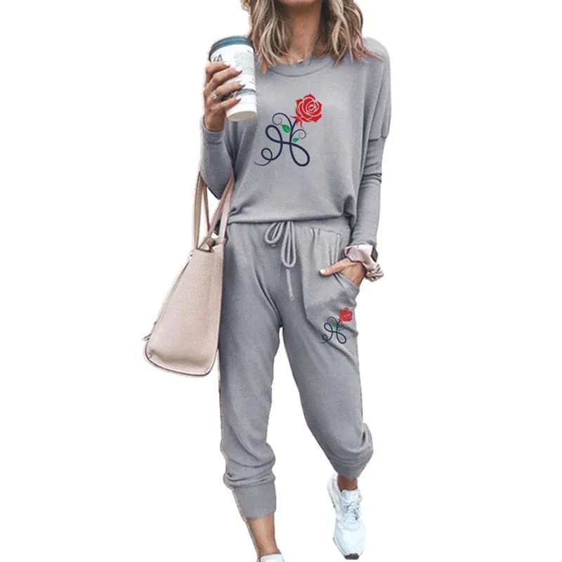 WOMEN'S TRACKSUIT ROSE PRINTED FEMALE SHRINK SLEEVES PULLOVER   JOGGING PANTS 2 PIECE SETS WOMAN CASUAL CLOTHES SUIT SPORTSWEAR